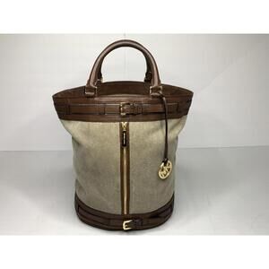 Michael Kors Brown Leather Canvas Kingsbury Bucket Tote Bag P157
